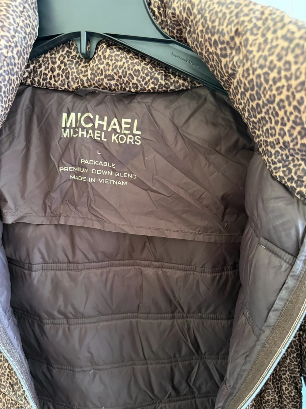 Michael Kors Brown Packable Down Jacket with Leopard Trim